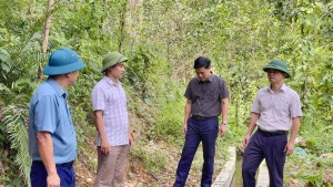 Đồng chí Bí thư Đảng ủy xã Đồng Lê kiểm tra công trình thủy lợi và tình hình sản xuất vụ Hè thu