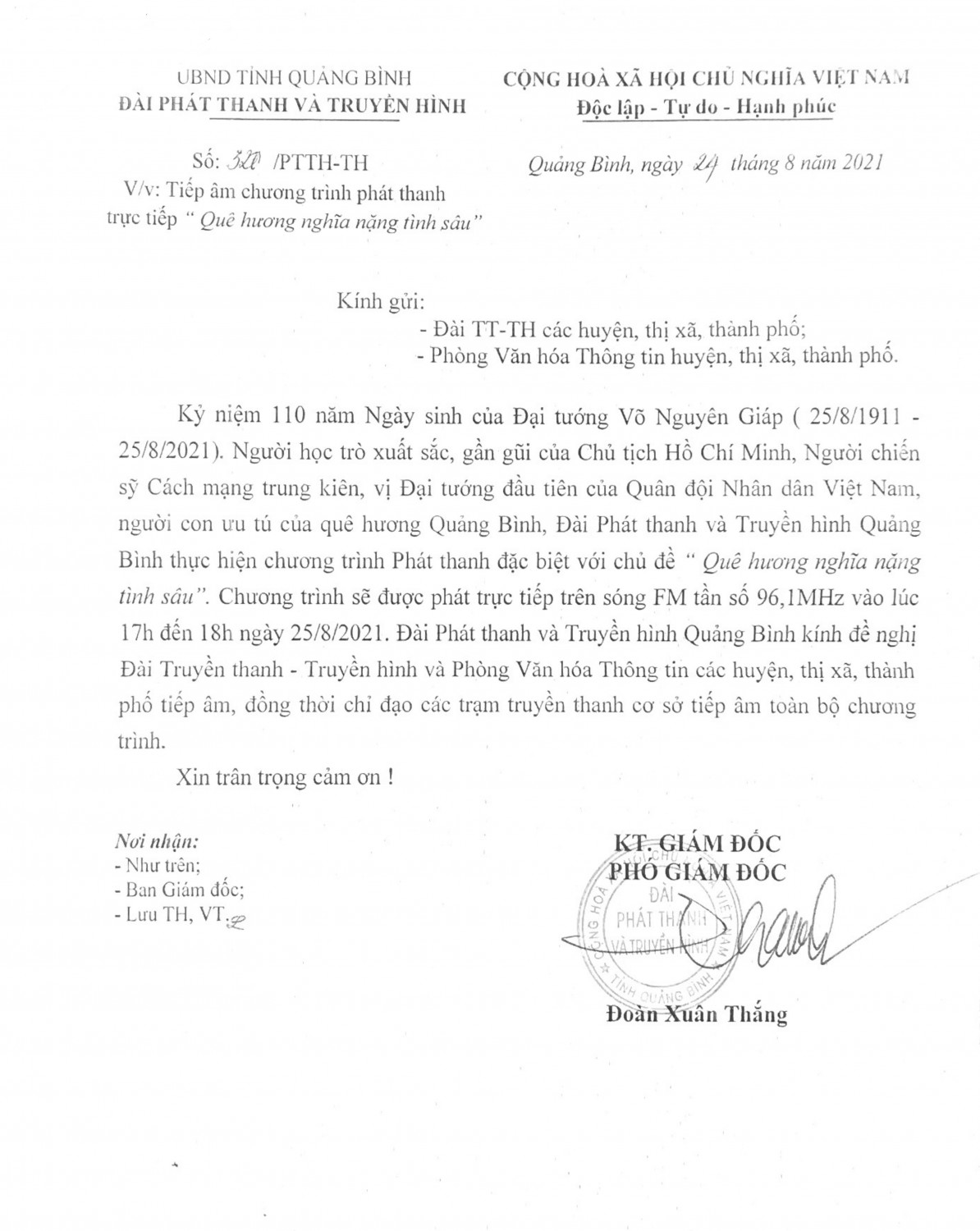 Đài PT - TH Quảng Bình thông báo về việc tiếp âm chương trình phát thanh trực tiếp "Quê hương nghĩa nặng tình sâu"
