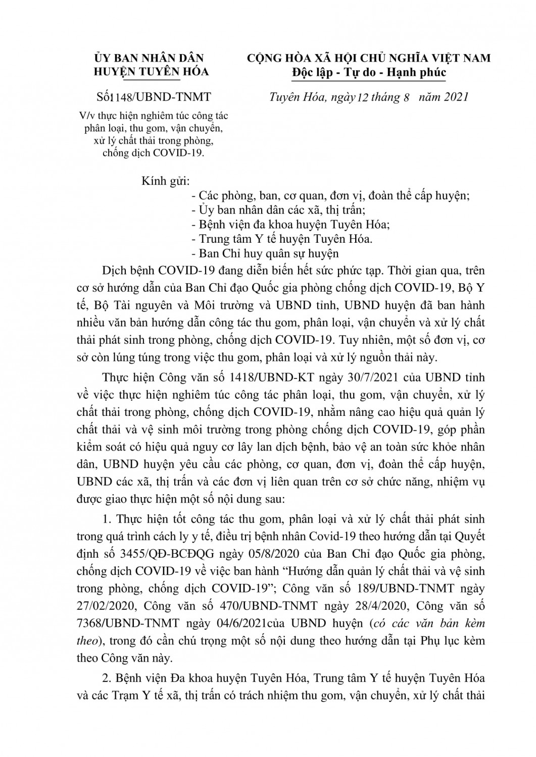 Thực hiện nghiêm túc công tác phân loại, thu gom, vận chuyển, xử lý chất thải trong phòng, chống dịch COVID-19