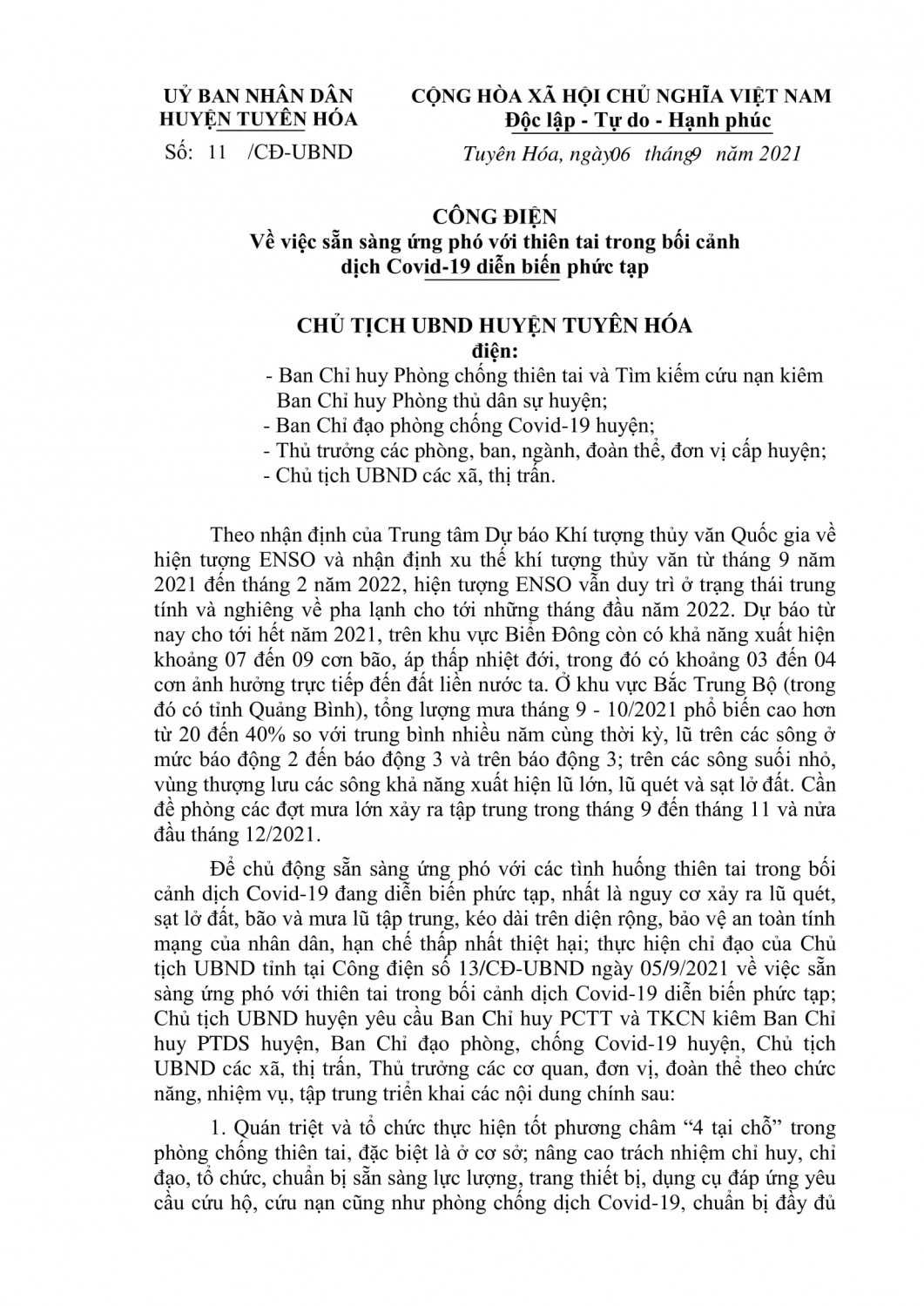 Công điện sẵn sàng ứng phó với thiên tai trong bối cảnh dịch Covid-19 diễn biến phức tạp