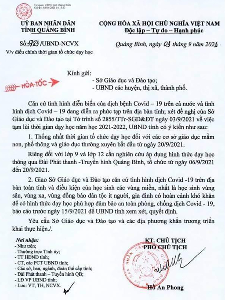 Điều chỉnh thời gian tổ chức dạy học bắt đầu từ ngày 20-9-2021