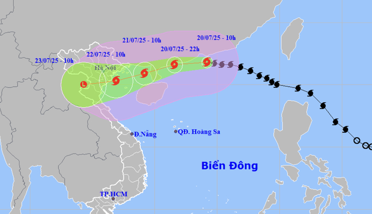 Dự báo vị trí và hướng di chuyển bão số 3 lúc 10h sáng 20-7 - Ảnh: NCHMF